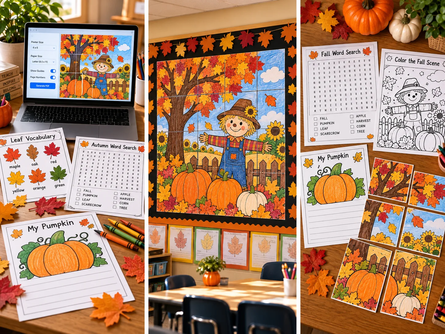 A warm elementary classroom with a colorful autumn bulletin board, paper leaves, pumpkins, student artwork and a large collaborative fall poster. Realistic photography