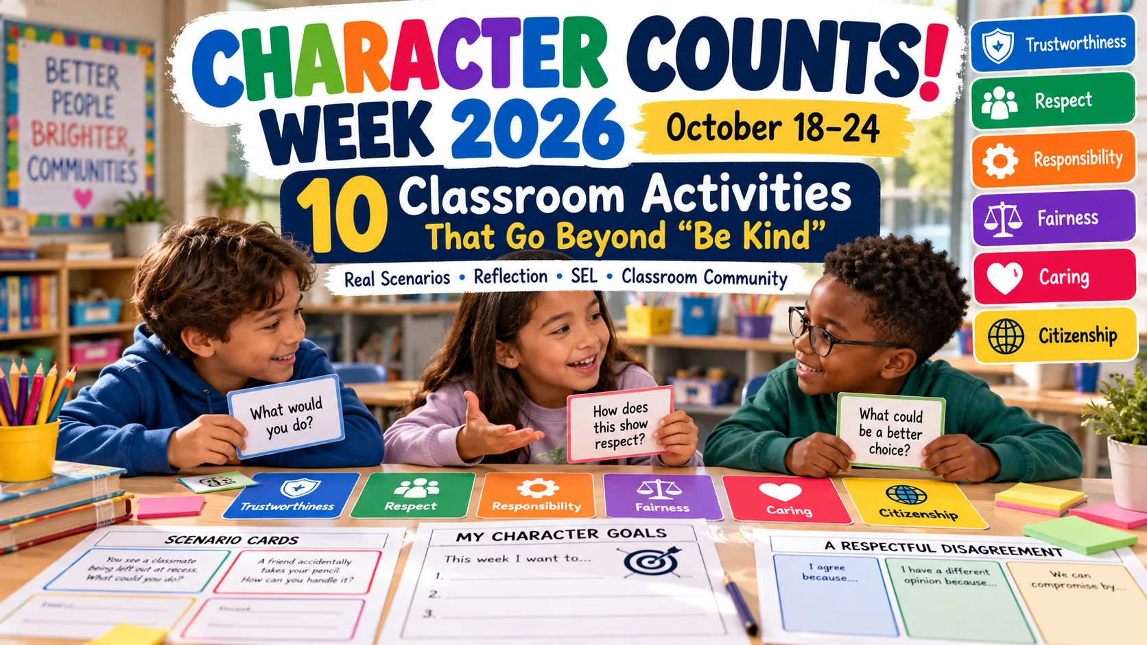 Realistic bright elementary classroom with six simple activity stations representing trustworthiness, respect, responsibility
