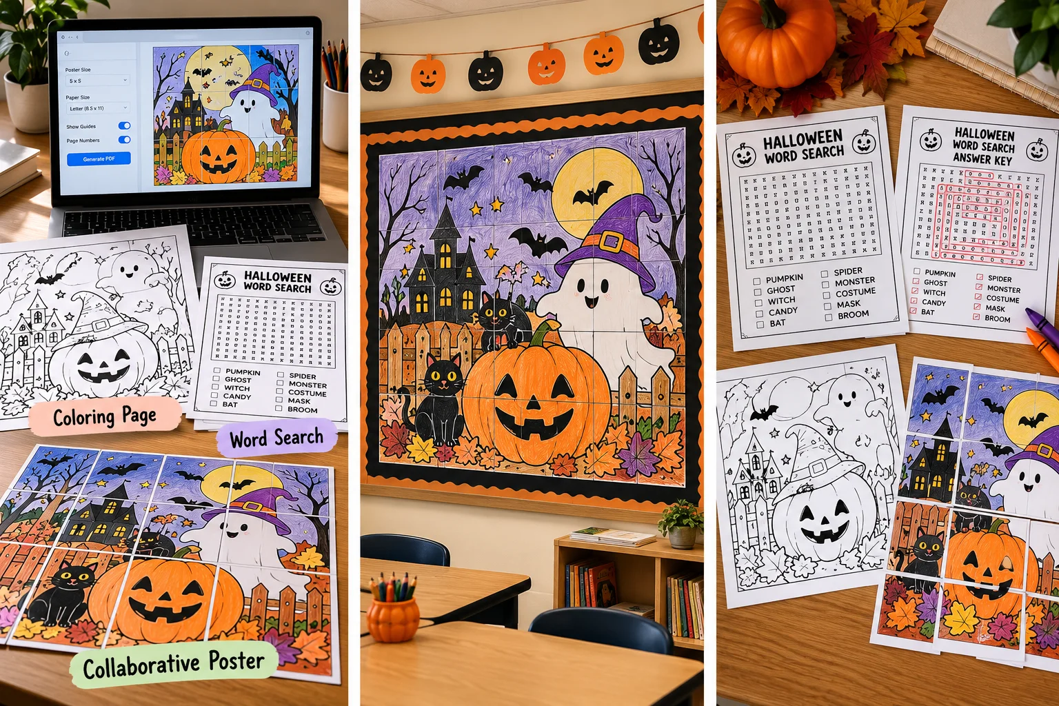 Colorful Halloween education printables featuring pumpkins, ghosts, word searches, pencils, and classroom learning activities for elementary students.