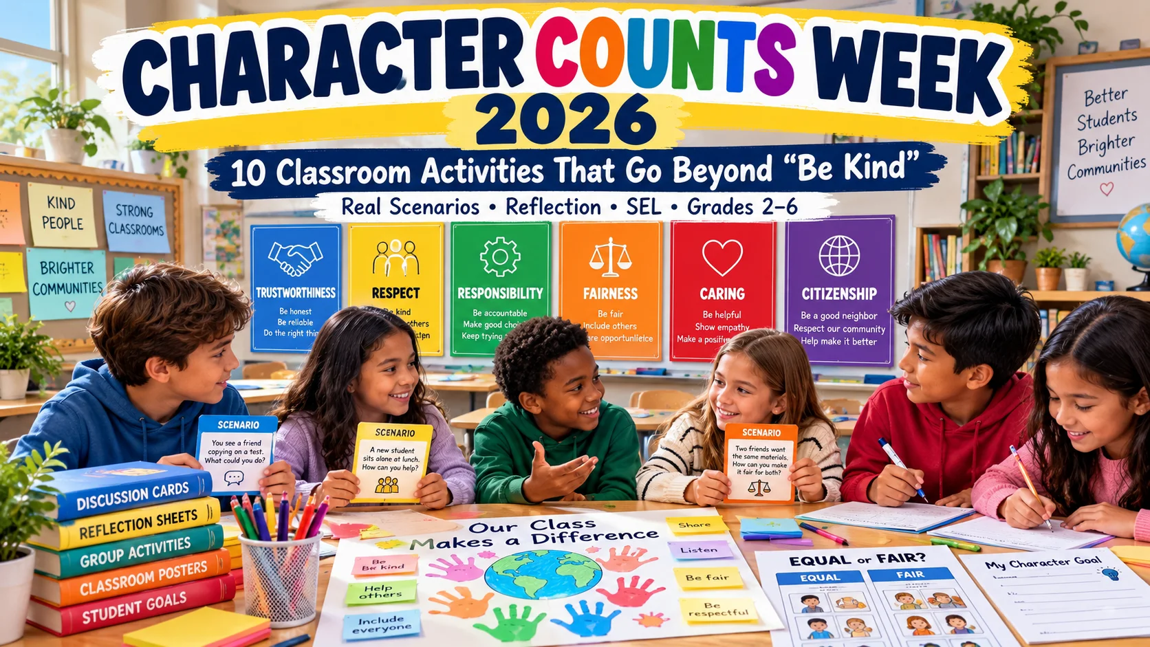 Top-down realistic classroom table showing six trait cards for trustworthiness, respect, responsibility, fairness, caring, and citizenship; scenario cards with speech bubbles; a respectful-disagreement mat; student recognition slips; a personal-goal card; pencils and sticky notes; and black-and-white tiles waiting to become a collaborative classroom poster. Warm October classroom light, clean educational photography, no logos or fake student names.