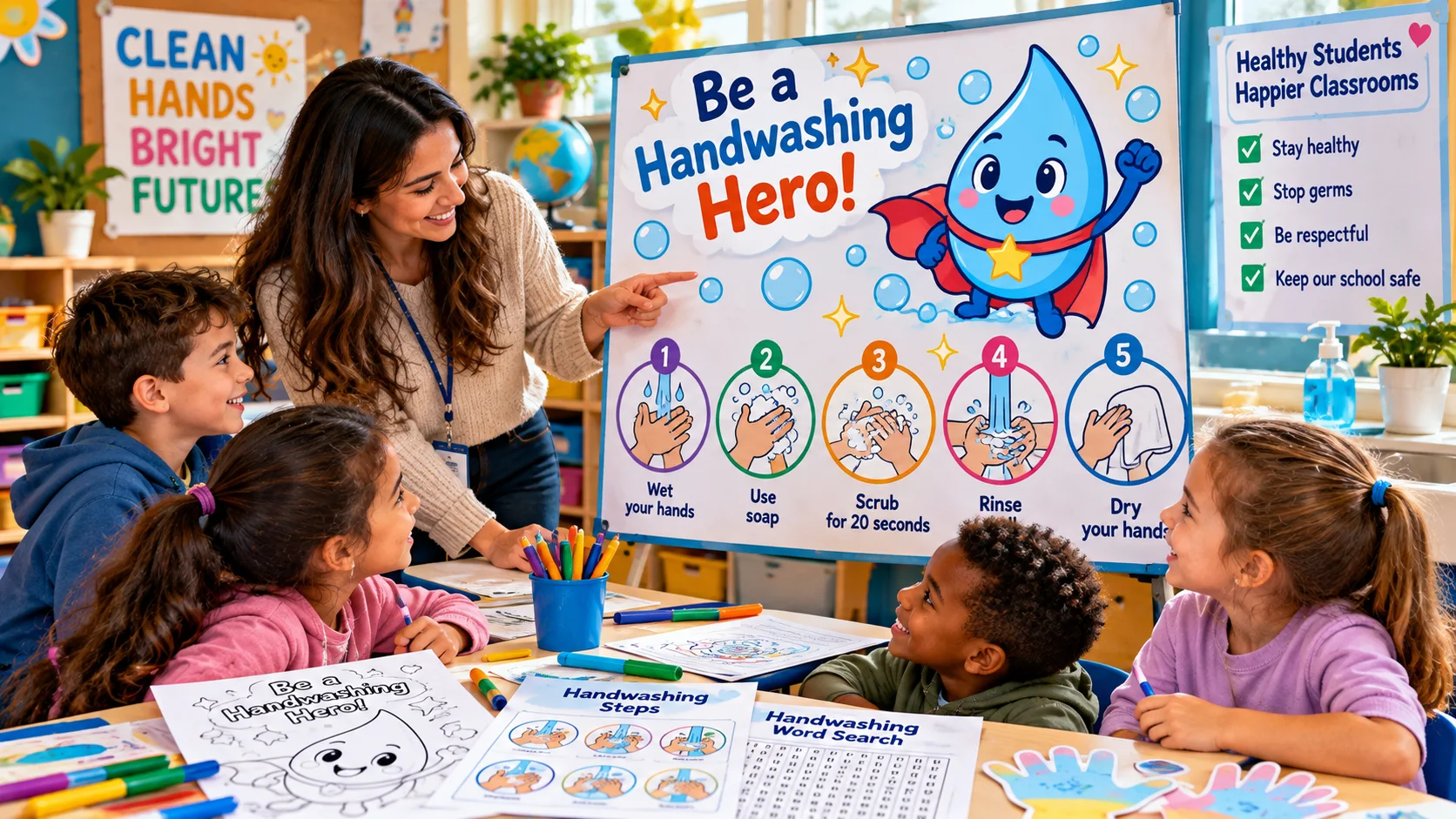A bright, realistic elementary classroom sink area with three diverse students practicing handwashing while a teacher points to a simple visual sequence poster showing wet