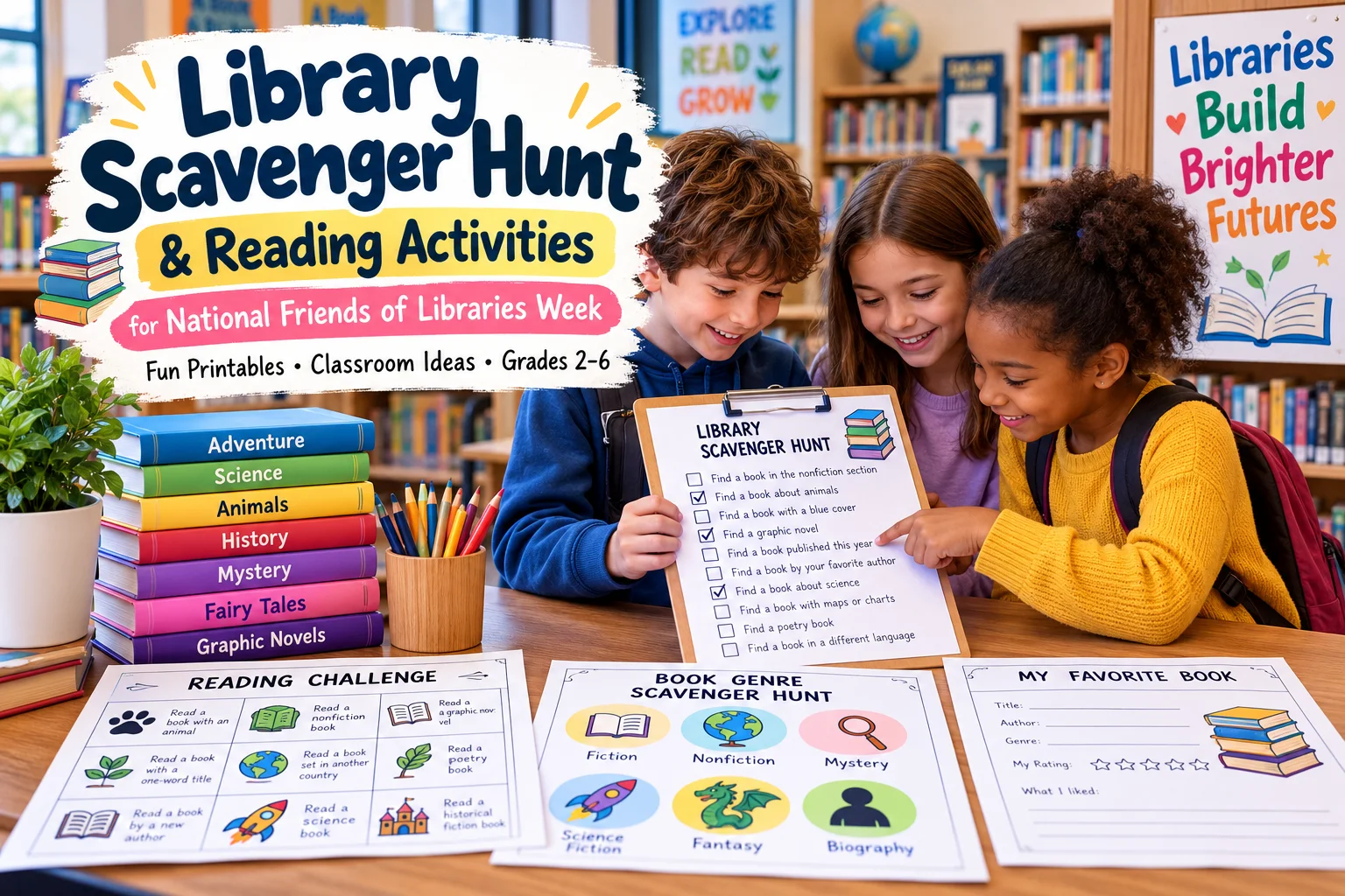 Top-down school-library table with a six-task scavenger-hunt recording sheet, genre cards, nonfiction text-feature checklist, “Want to Read” ticket, recommendation slip, pencil, sticky notes, and several age-appropriate books with generic unlabeled covers. In the background, show shelf markers and student-created tiles forming a collaborative “Books We Discovered” display. Realistic educational photography, warm library lighting, no logos and no fake book titles.
