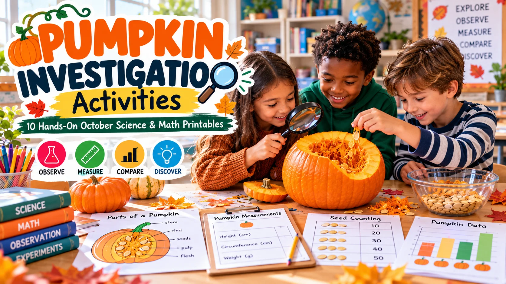 Top-down realistic classroom science station showing the same pumpkin investigation in progress: pumpkin, flexible measuring tape wrapped around its widest point, balance scale, clear water tub, grouped seeds on ten-frame counting mats, magnifying glass, ruler, and three clean student recording sheets for prediction, measurement, and pumpkin parts. Include pencils and a small life-cycle card set. Warm fall classroom atmosphere, educational and practical, no people required, no Halloween imagery, no logos, no fake worksheet text.