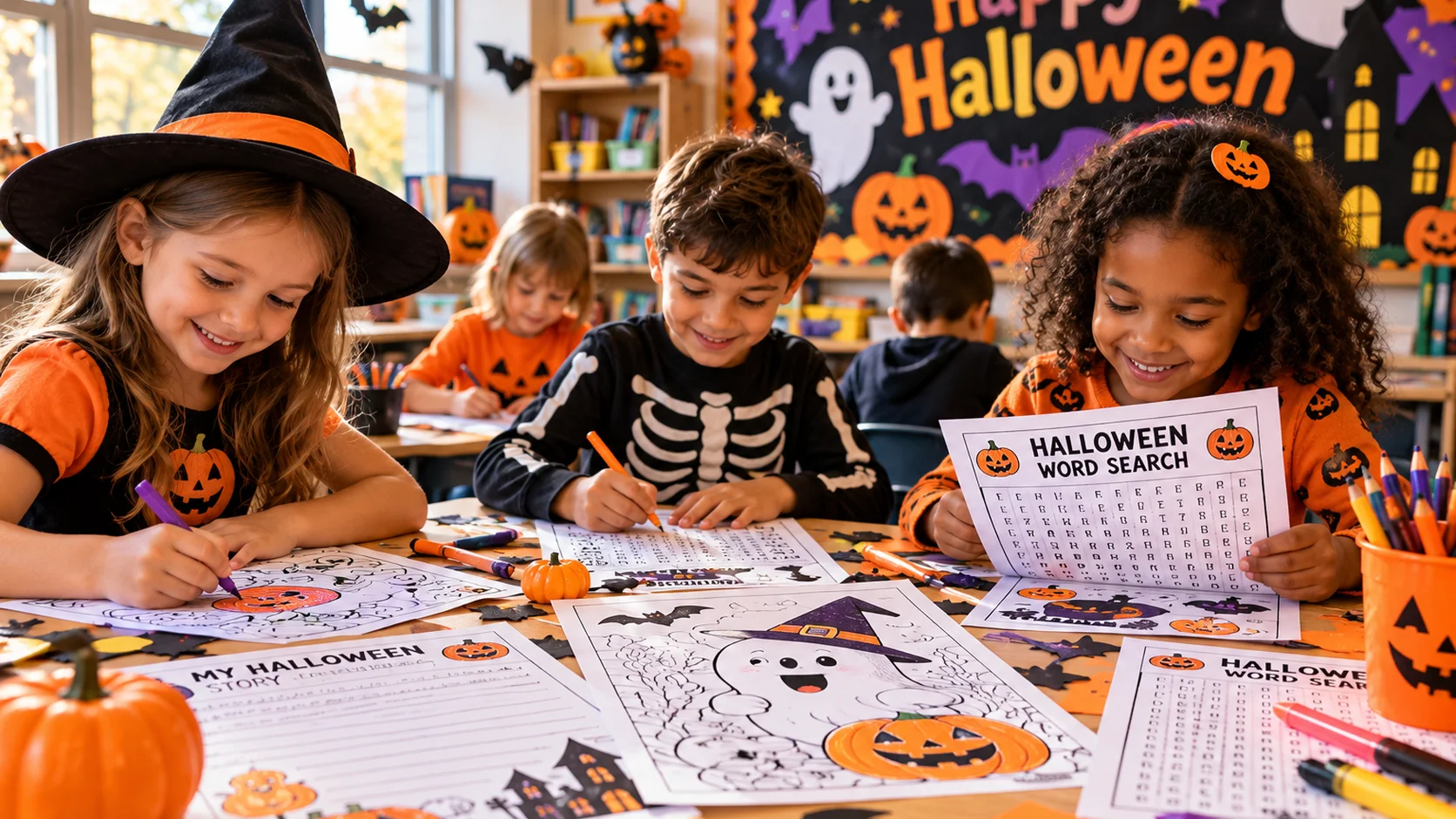 Elementary students completing Halloween word searches, coloring pages and classroom printables together.