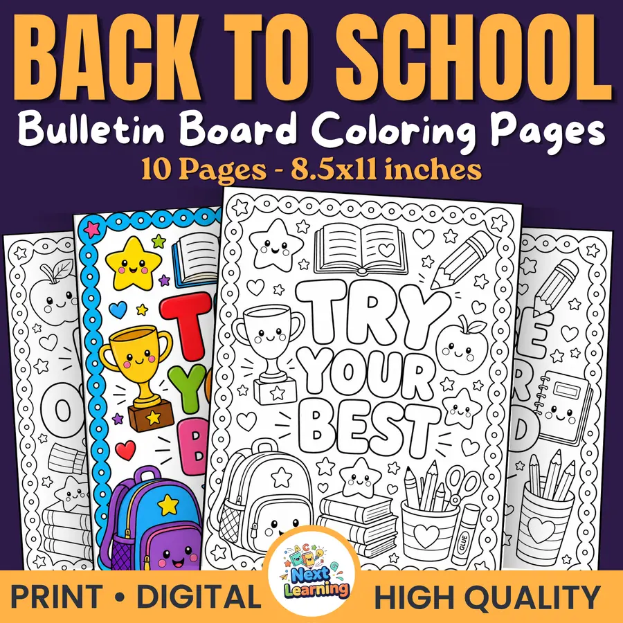 Back to School Bulletin Board Coloring Pages | 10 Printable Classroom Decor Posters | First Day of School Activity